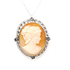 Cameo Brooch Necklace - Art Deco Sterling Silver Carved Shell Pendant Pin - Vintage Circa 1930s Era Statement Fashion Accessory 30s Jewelry