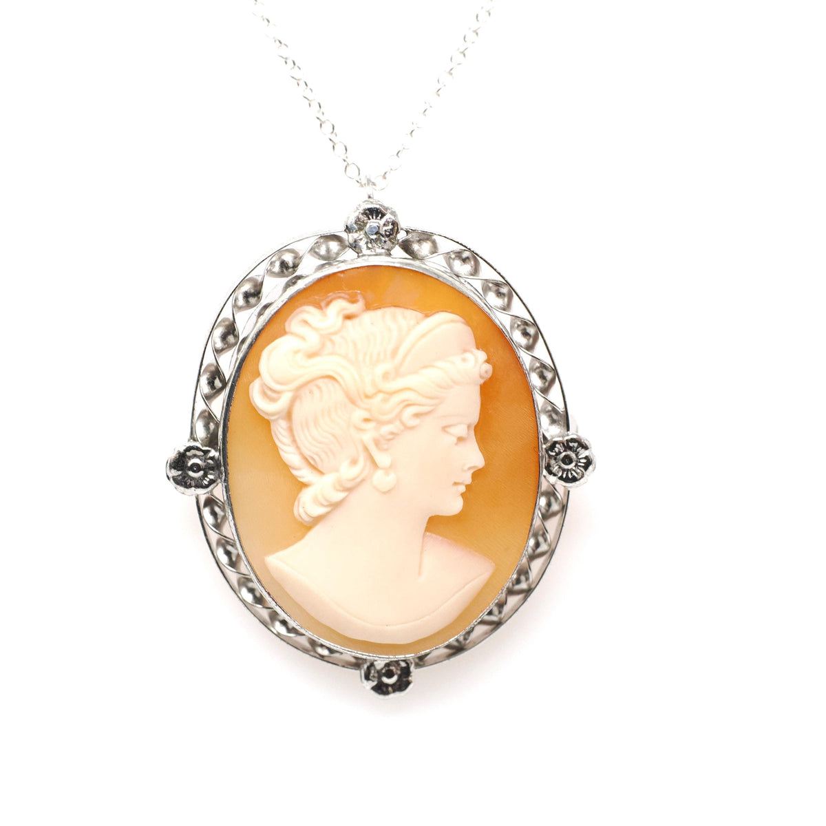 Cameo Brooch Necklace - Art Deco Sterling Silver Carved Shell Pendant Pin - Vintage Circa 1930s Era Statement Fashion Accessory 30s Jewelry