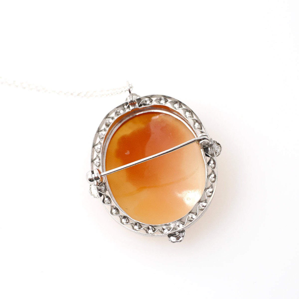 Cameo Brooch Necklace - Art Deco Sterling Silver Carved Shell Pendant Pin - Vintage Circa 1930s Era Statement Fashion Accessory 30s Jewelry