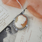 Cameo Brooch Necklace - Art Deco Sterling Silver Carved Shell Pendant Pin - Vintage Circa 1930s Era Statement Fashion Accessory 30s Jewelry