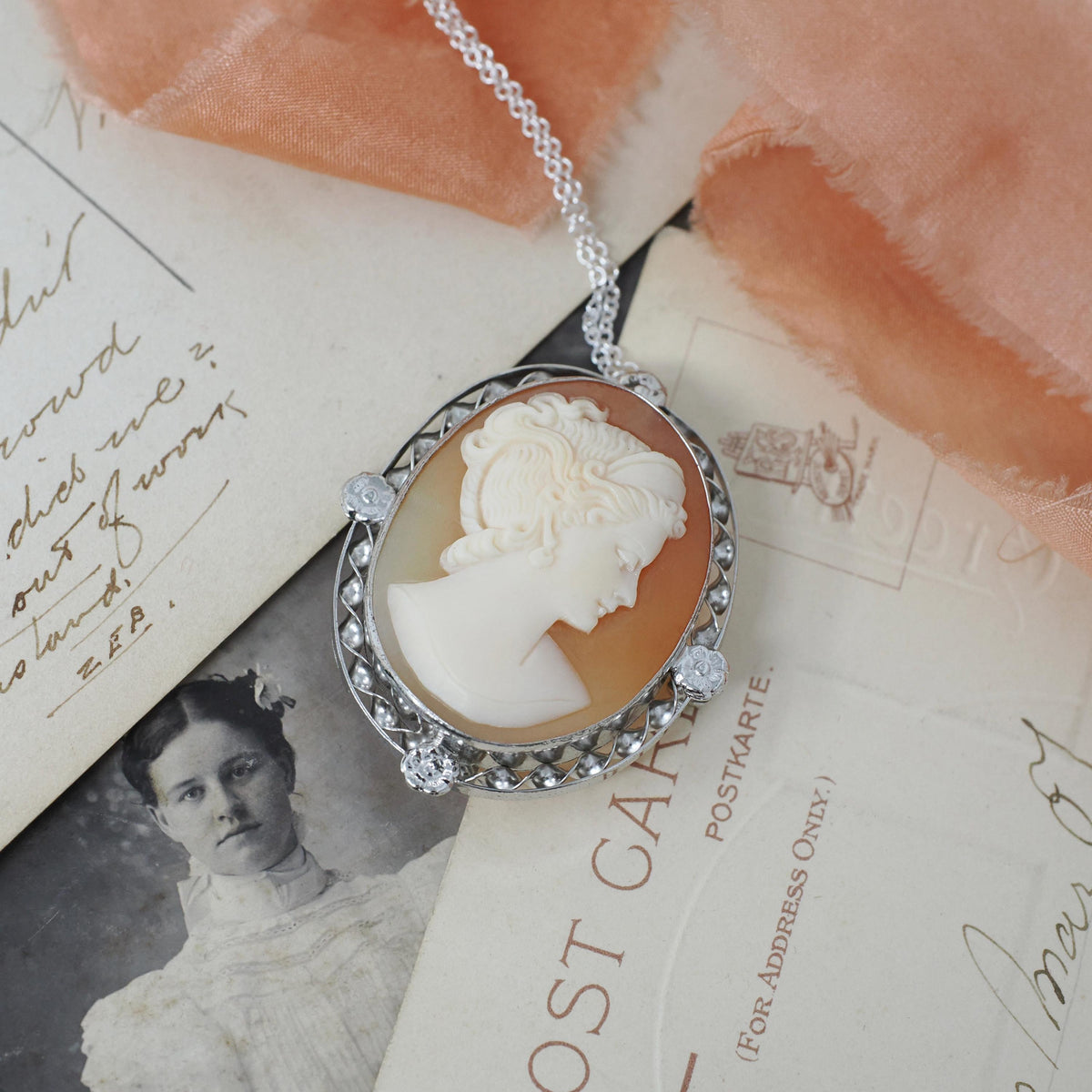 Cameo Brooch Necklace - Art Deco Sterling Silver Carved Shell Pendant Pin - Vintage Circa 1930s Era Statement Fashion Accessory 30s Jewelry