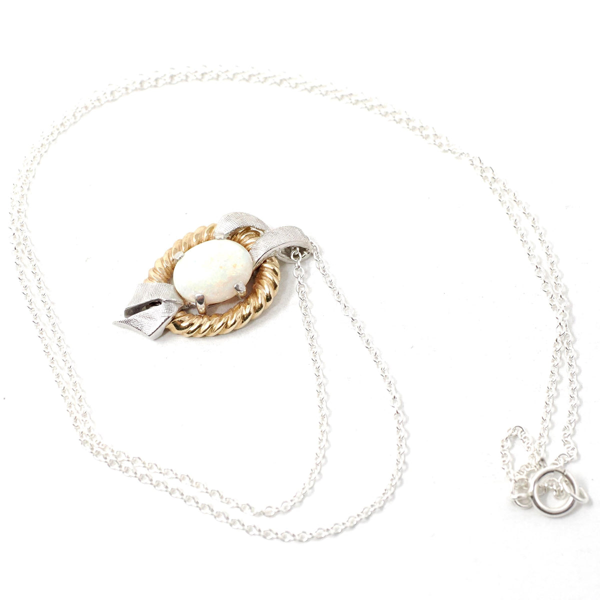 Vintage Opal Necklace - Modernist 14k Yellow And White Gold Cabochon Gemstone Pendant - Circa 1970s Era October Birthstone Fine Jewelry