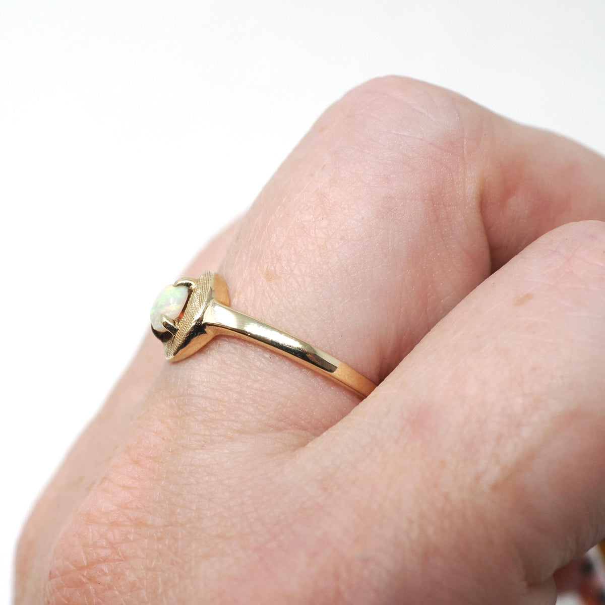 Vintage Opal Ring - Modernist 10k Yellow Gold Natural Gemstone Solitaire - Circa 1970s Size 6 3/4 Bypass October Birthstone Fine Jewelry