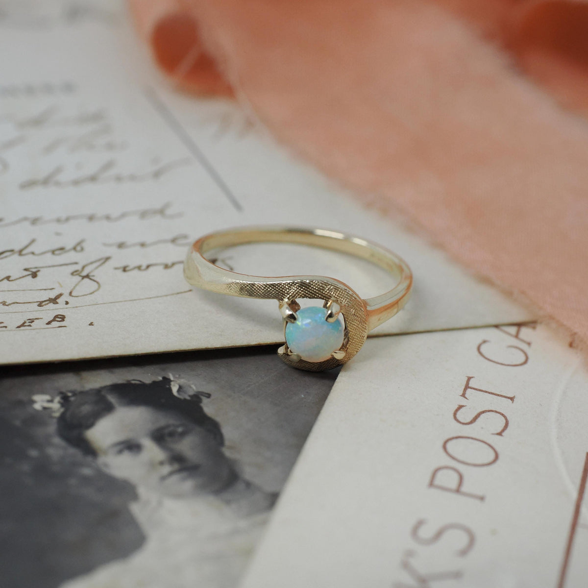 Vintage Opal Ring - Modernist 10k Yellow Gold Natural Gemstone Solitaire - Circa 1970s Size 6 3/4 Bypass October Birthstone Fine Jewelry