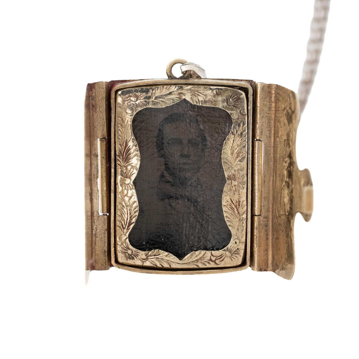 Antique Photo Locket - Victorian Book Satchel Gold Overlay Base Metal Pendant Necklace Charm - Circa 1890s Tintype Album Keepsake Jewelry