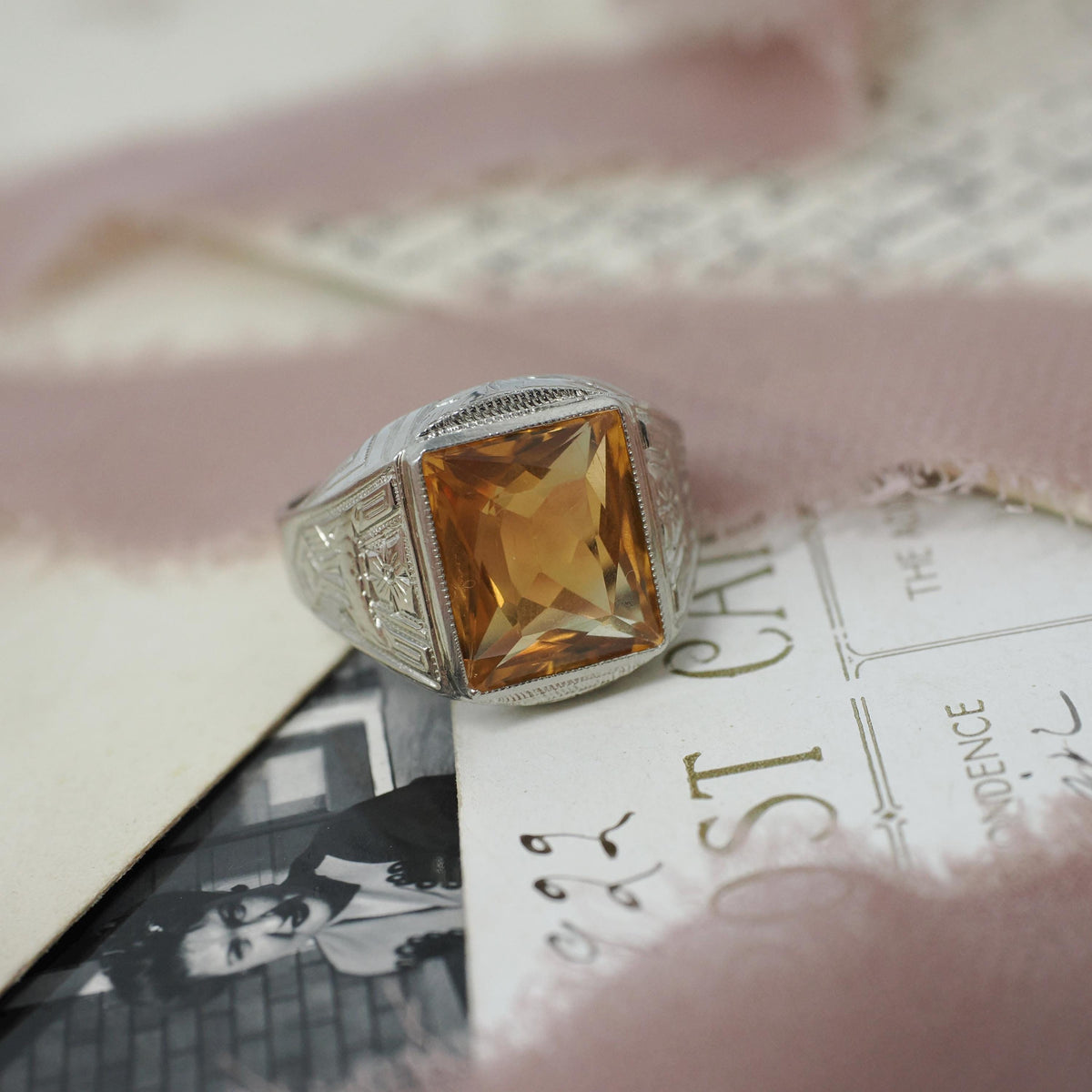 Natural Citrine Ring - Art Deco 10k White Gold Emerald Cut Yellow Gemstone - Vintage Circa 1930s Era Size 9 November Birthstone Fine Jewelry
