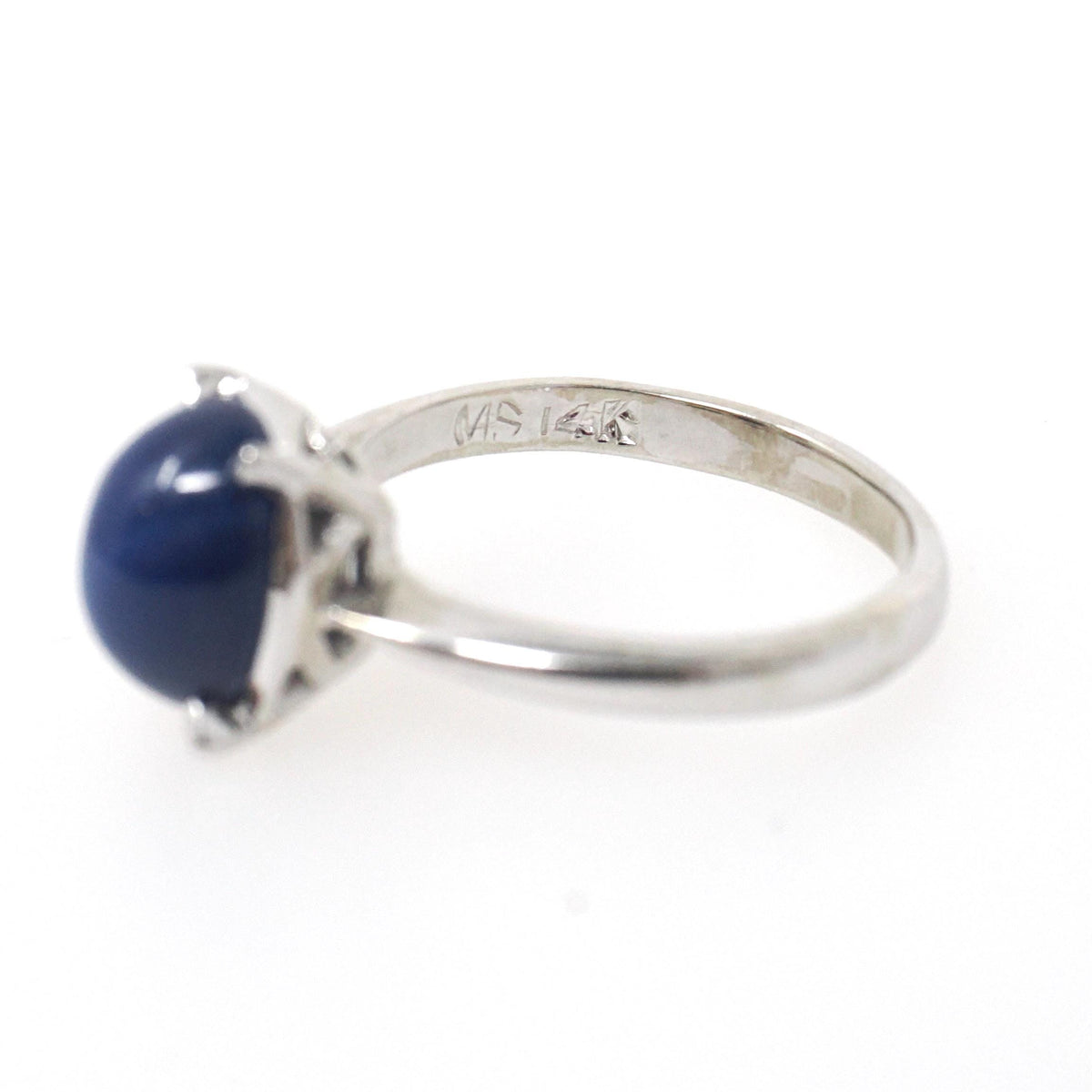 Created Star Sapphire Ring - Vintage 14k White Gold Oval Blue Cabochon Solitaire - Modernist 1960s 5 1/4 September Birthstone Fine Jewelry