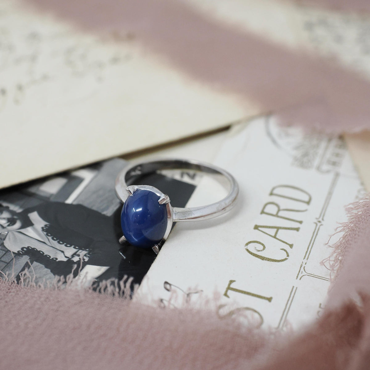 Created Star Sapphire Ring - Vintage 14k White Gold Oval Blue Cabochon Solitaire - Modernist 1960s 5 1/4 September Birthstone Fine Jewelry