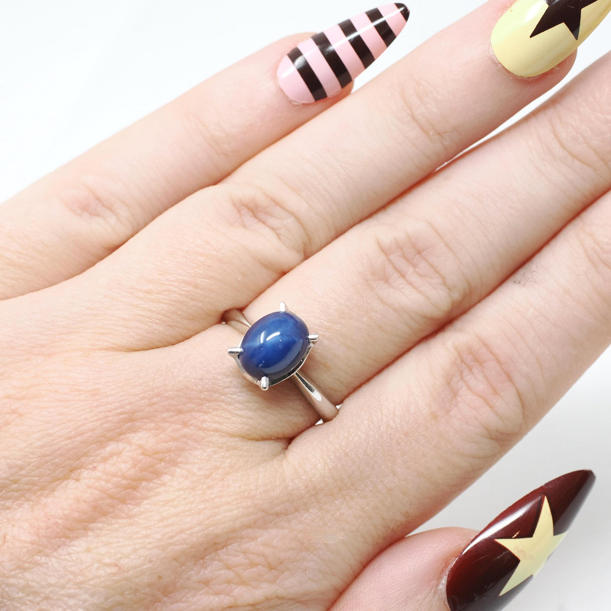 Created Star Sapphire Ring - Vintage 14k White Gold Oval Blue Cabochon Solitaire - Modernist 1960s 5 1/4 September Birthstone Fine Jewelry