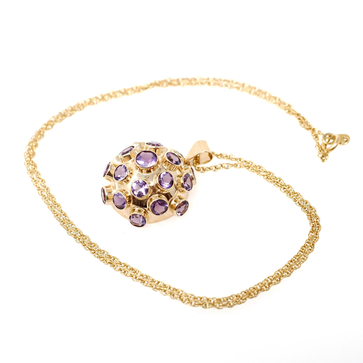 Vintage Sputnik Pendant - Modernist 14k Yellow Gold Half Dome Statement Necklace - Circa 1960s Era Natural Amethyst Gemstones Fine Jewelry