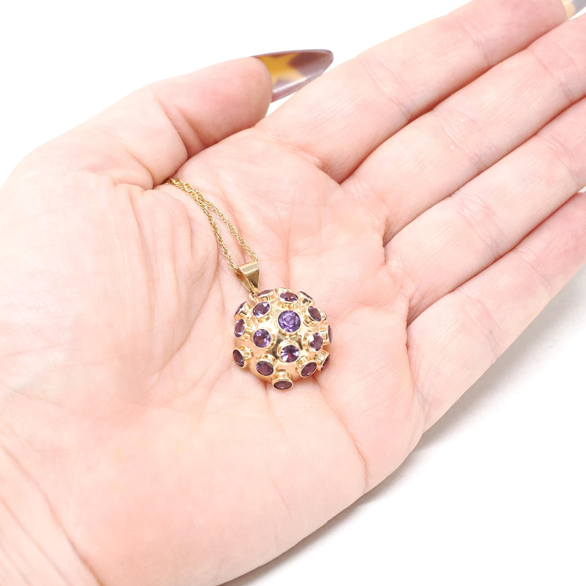 Vintage Sputnik Pendant - Modernist 14k Yellow Gold Half Dome Statement Necklace - Circa 1960s Era Natural Amethyst Gemstones Fine Jewelry