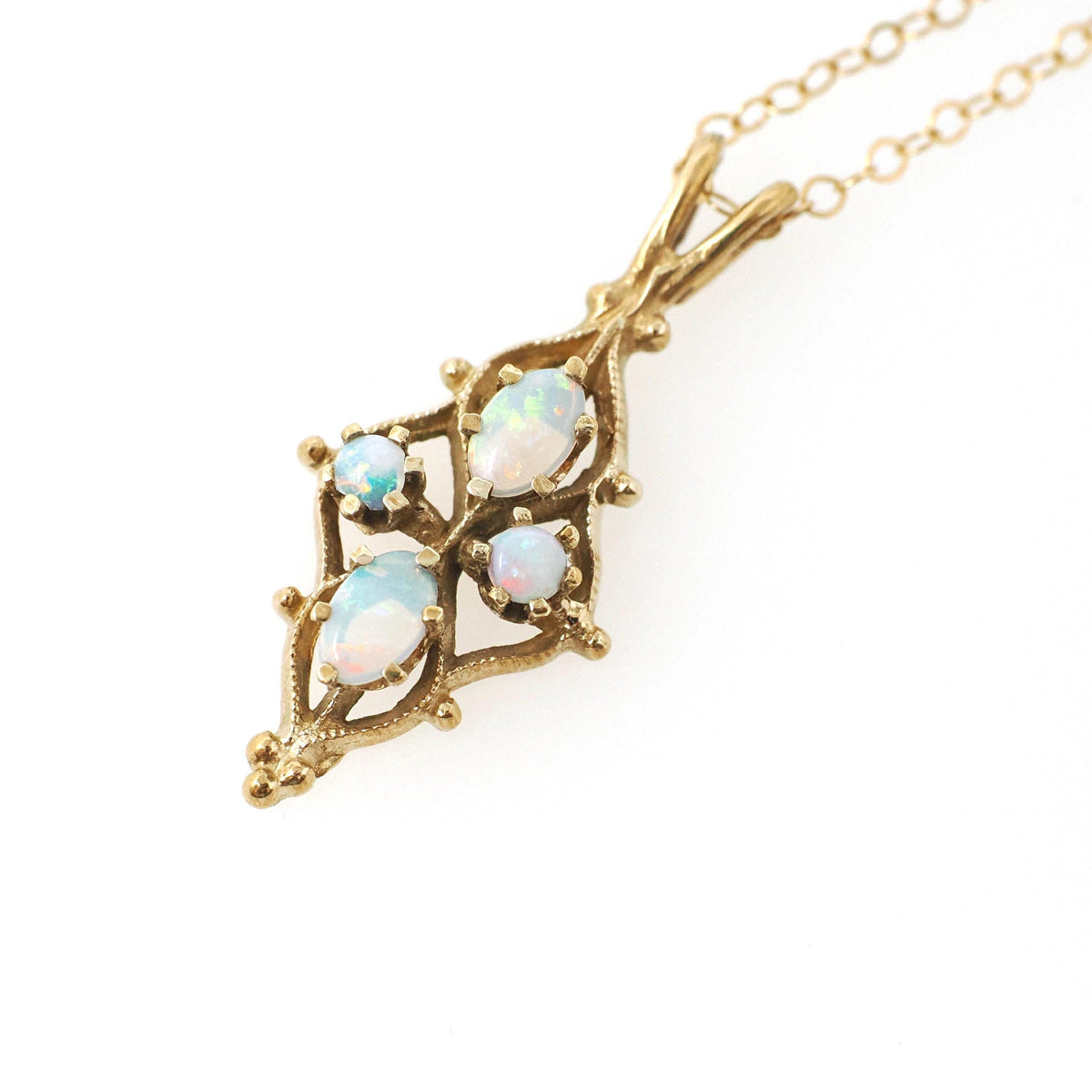Vintage Opal Pendant - Modernist 14k Yellow Gold Cabochon Cut Gemstone Necklace - Vintage Circa 1970s Era October Birthstone Fine Jewelry