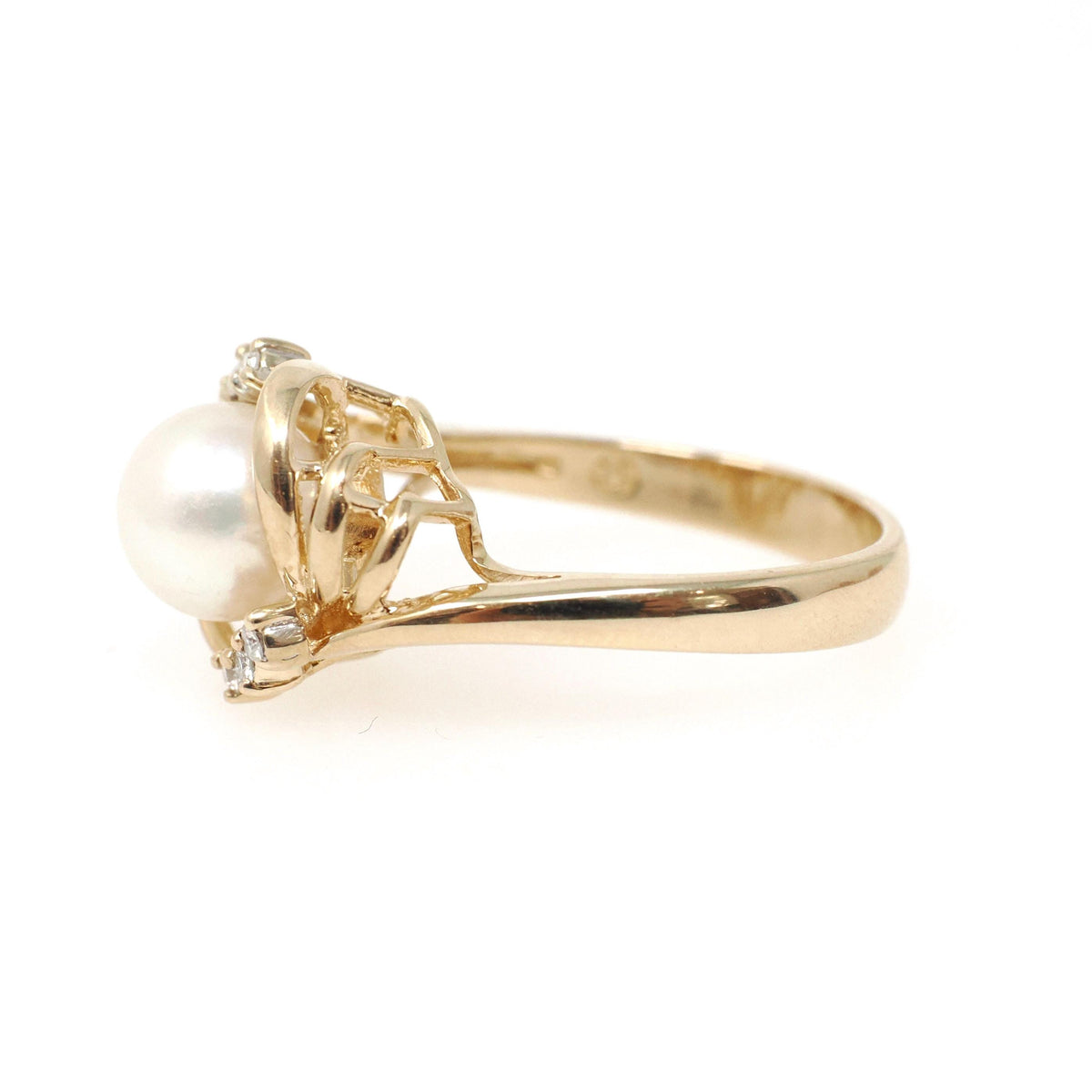 Cultured Pearl Ring - Contemporary 14k Yellow Gold White Organic Gem & Diamonds - Estate Circa 1990s Era Size 6 June Birthstone Fine Jewelry