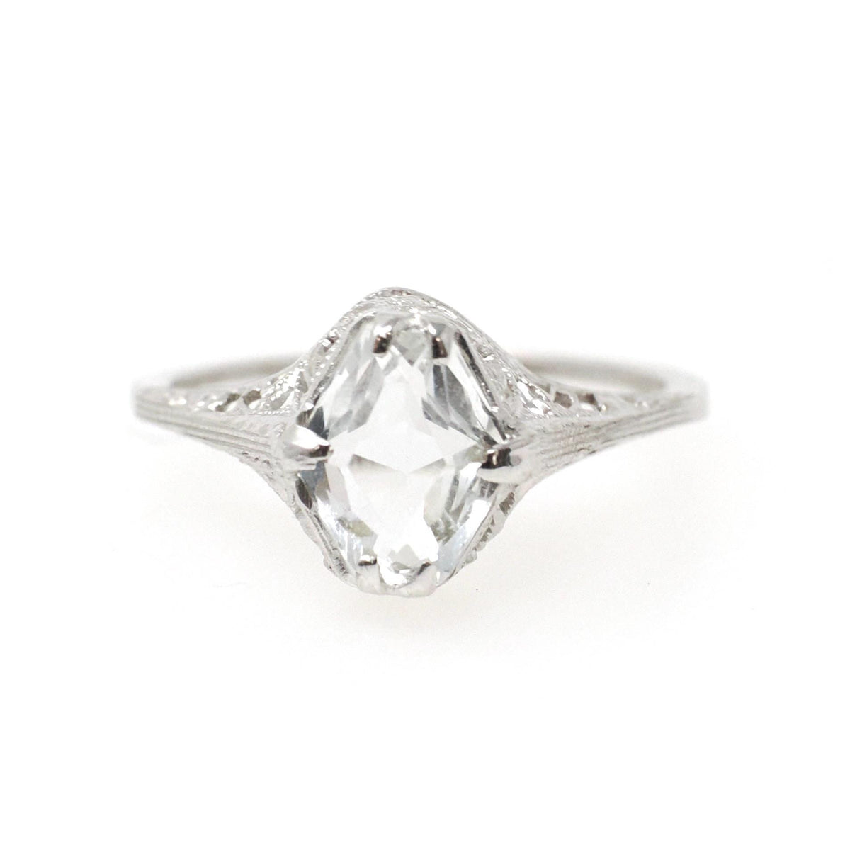 Antique Aquamarine Ring - Art Deco 14k White Gold Light Blue Hexagon Gemstone - Vintage Circa 1920s Era Size 5 1/2 Filigree Fine 20s Jewelry