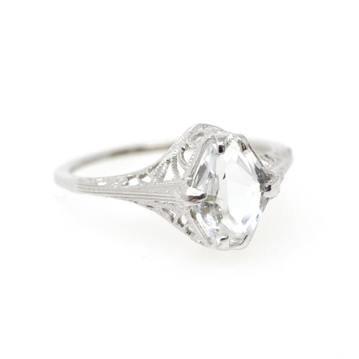 Antique Aquamarine Ring - Art Deco 14k White Gold Light Blue Hexagon Gemstone - Vintage Circa 1920s Era Size 5 1/2 Filigree Fine 20s Jewelry