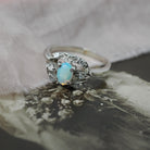Opal & Diamond Ring - Mid Century 14k White Gold Oval Cabochon Cut Gemstone Halo - Circa 1960s Era Size 5 1/2 October Birthstone Jewelry
