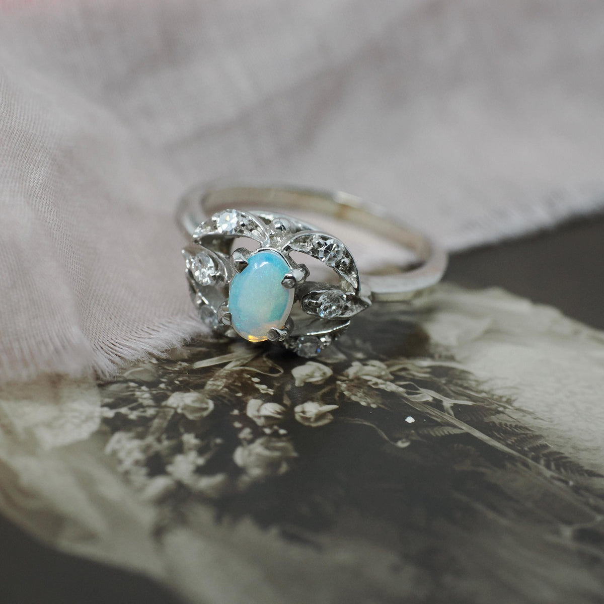 Opal & Diamond Ring - Mid Century 14k White Gold Oval Cabochon Cut Gemstone Halo - Circa 1960s Era Size 5 1/2 October Birthstone Jewelry