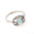 Opal & Diamond Ring - Mid Century 14k White Gold Oval Cabochon Cut Gemstone Halo - Circa 1960s Era Size 5 1/2 October Birthstone Jewelry