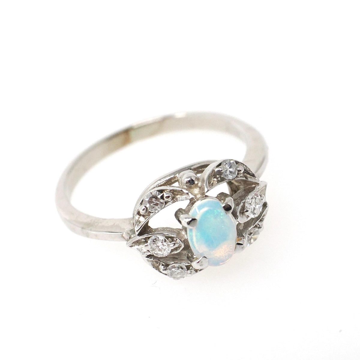 Opal & Diamond Ring - Mid Century 14k White Gold Oval Cabochon Cut Gemstone Halo - Circa 1960s Era Size 5 1/2 October Birthstone Jewelry