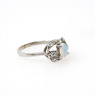 Opal & Diamond Ring - Mid Century 14k White Gold Oval Cabochon Cut Gemstone Halo - Circa 1960s Era Size 5 1/2 October Birthstone Jewelry