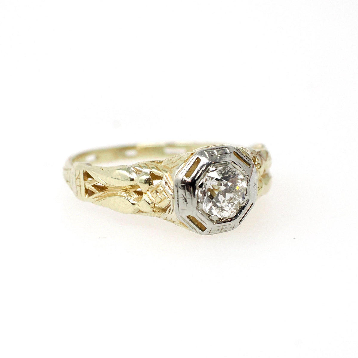 Art Deco Engagement Ring - Vintage 14k Yellow & White Gold 0.35 CT Diamond Solitaire - Circa 1930s Size 5 1/2 Lovebird Filigree Fine Jewelry