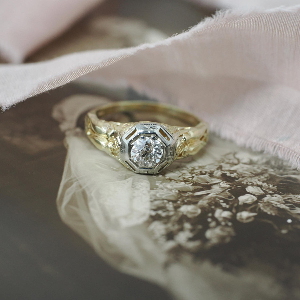 Art Deco Engagement Ring - Vintage 14k Yellow & White Gold 0.35 CT Diamond Solitaire - Circa 1930s Size 5 1/2 Lovebird Filigree Fine Jewelry