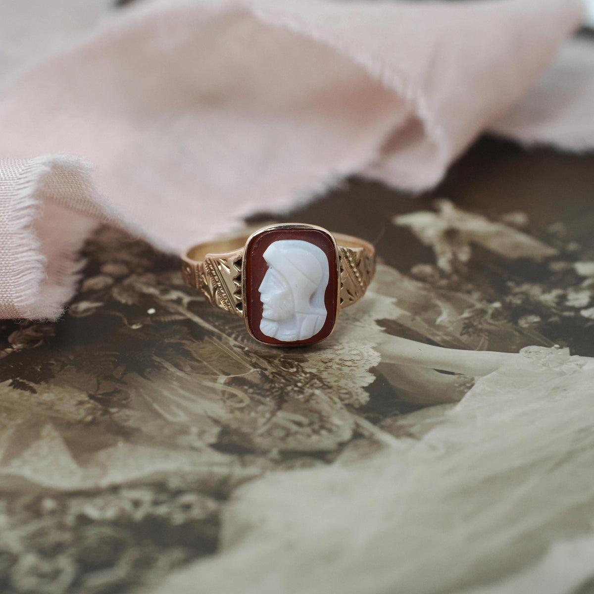 Antique Cameo Ring - Victorian 10k Rosy Yellow Gold Carved Soldier Red White Sardonyx Gemstone - Circa 1890 Size 5.25 Statement Fine Jewelry
