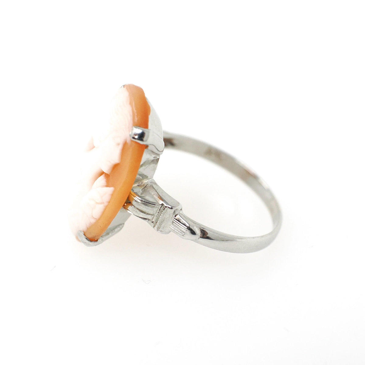 Vintage Cameo Ring - Art Deco Era 10k White Gold Oval Carved Orange Shell - Circa 1930s Era Size 6 Women's Profile Fine Statement Jewelry