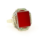 Art Deco Enamel Ring - Vintage 14k Yellow Gold Square Red Carnelian Gemstone - Circa 1930s Era Size 7 Cocktail Shield Fine Jewelry