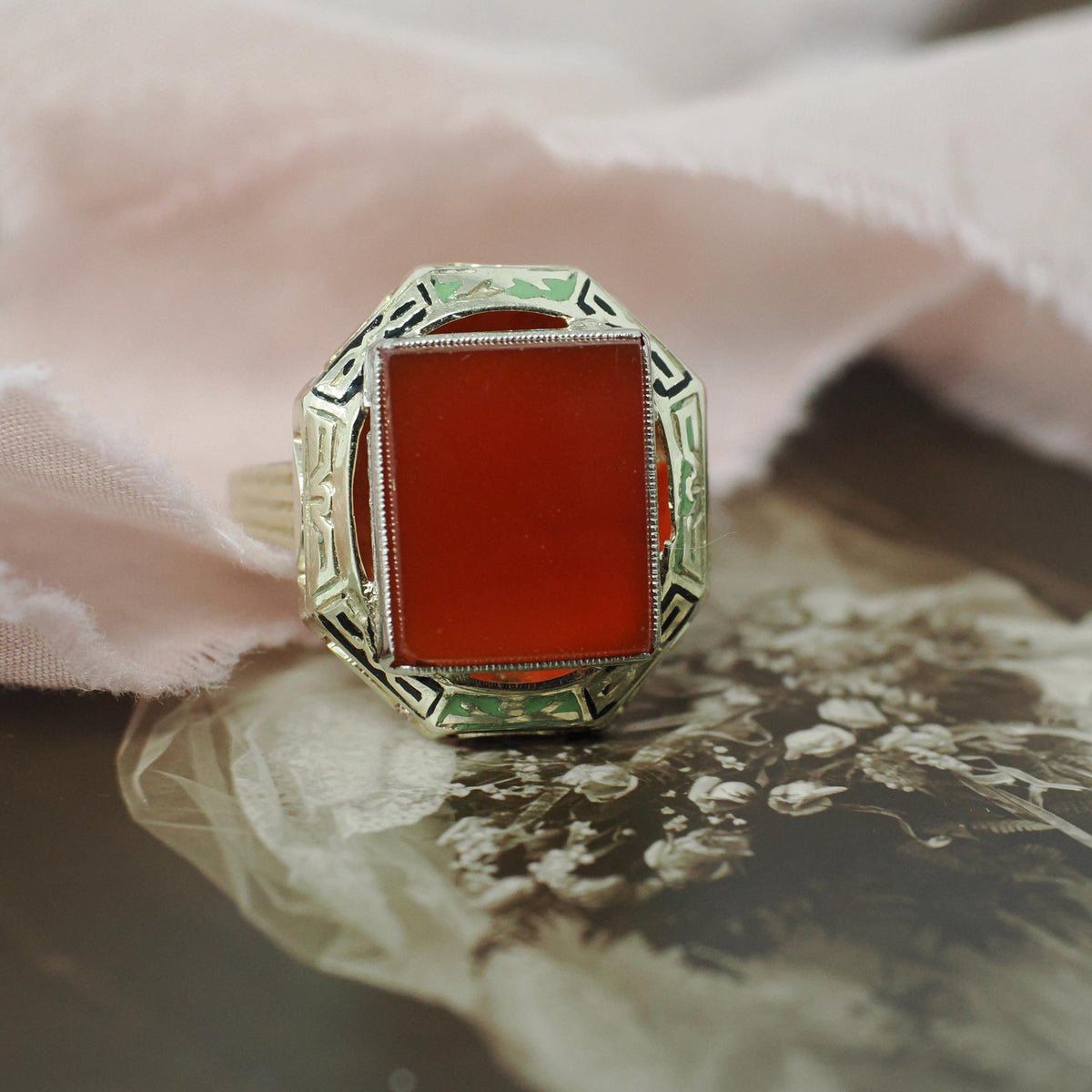 Art Deco Enamel Ring - Vintage 14k Yellow Gold Square Red Carnelian Gemstone - Circa 1930s Era Size 7 Cocktail Shield Fine Jewelry