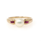 Cultured Pearl Ring - Contemporary 14k Yellow Gold Ruby Accent Gemstones - Vintage Circa 1990s Size 7 June and July Birthstones Fine Jewelry