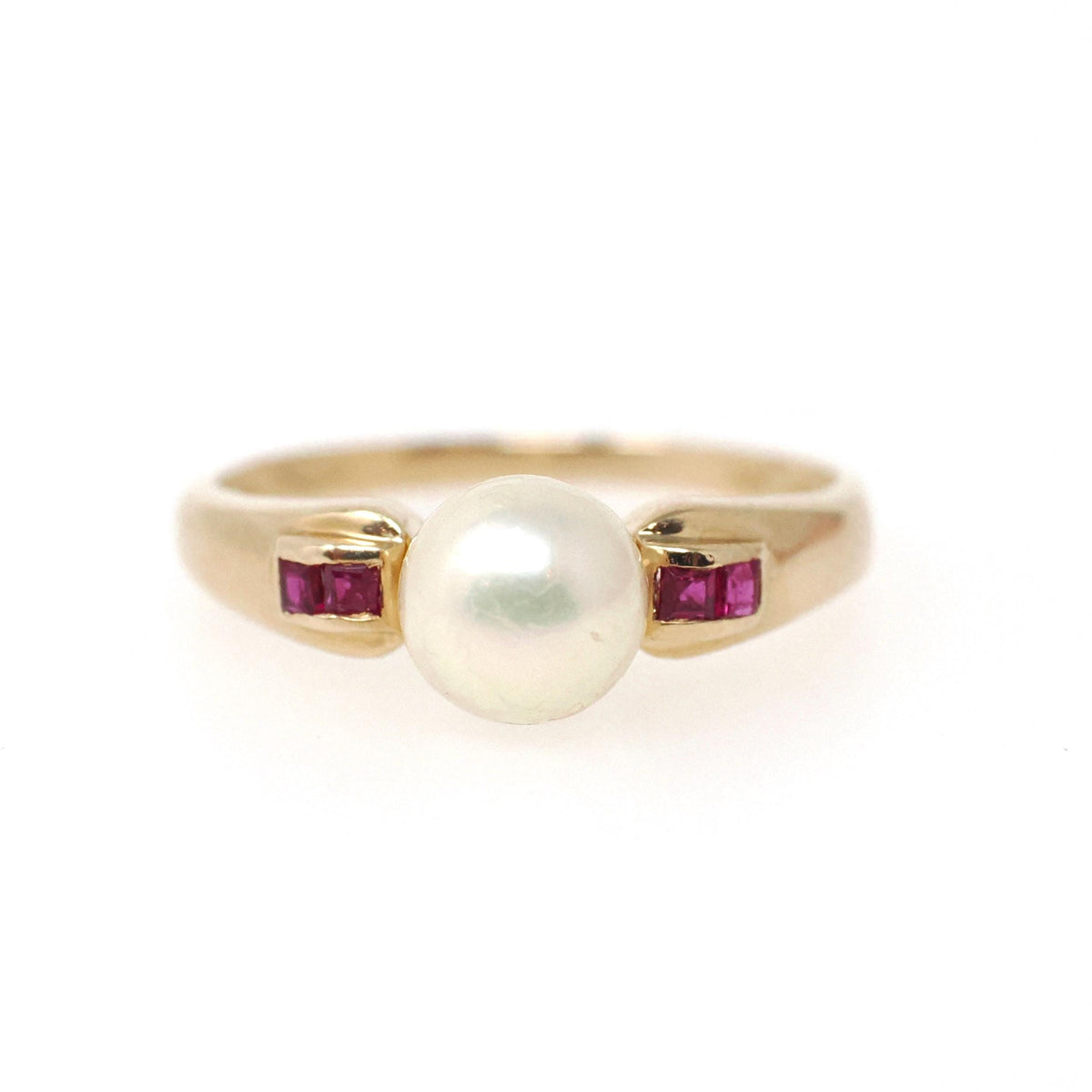 Cultured Pearl Ring - Contemporary 14k Yellow Gold Ruby Accent Gemstones - Vintage Circa 1990s Size 7 June and July Birthstones Fine Jewelry