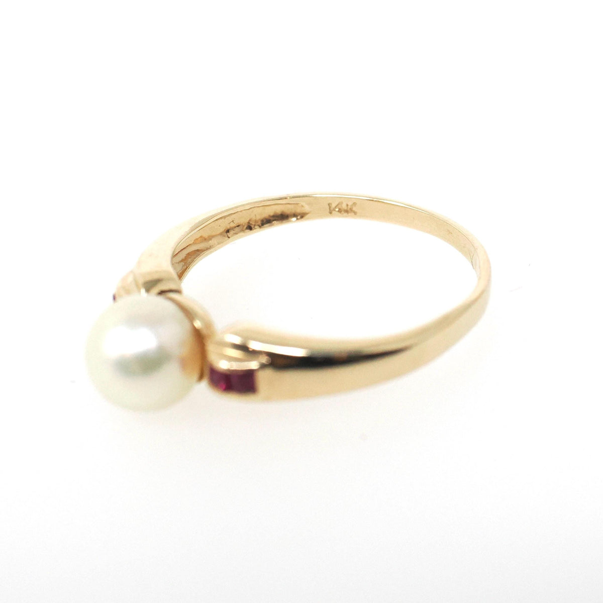 Cultured Pearl Ring - Contemporary 14k Yellow Gold Ruby Accent Gemstones - Vintage Circa 1990s Size 7 June and July Birthstones Fine Jewelry