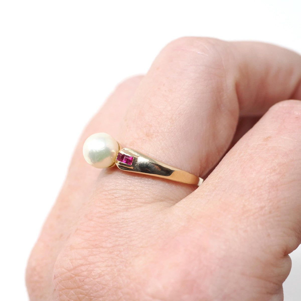 Cultured Pearl Ring - Contemporary 14k Yellow Gold Ruby Accent Gemstones - Vintage Circa 1990s Size 7 June and July Birthstones Fine Jewelry