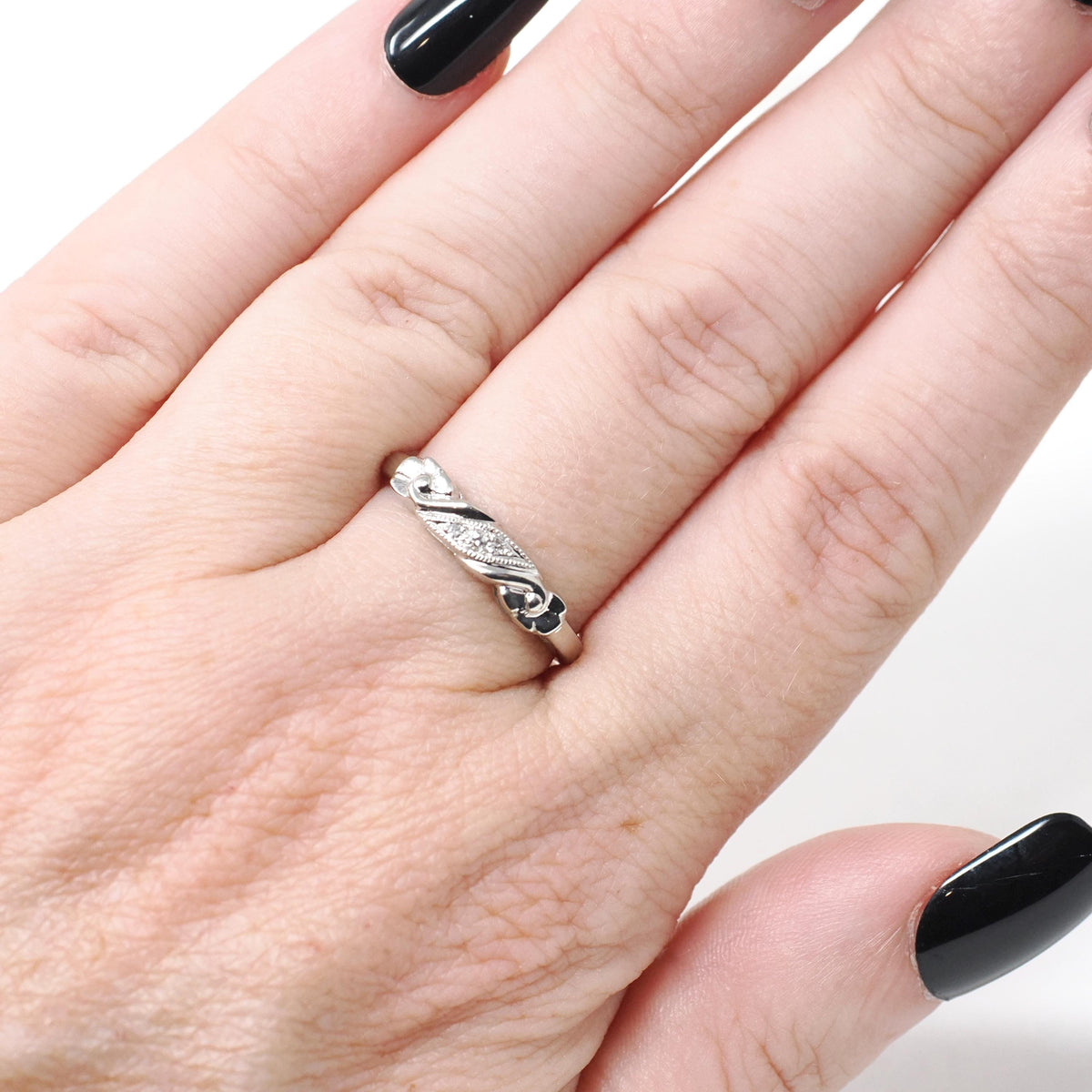 Mid Century Wedding Band - Vintage 14k White Gold Natural .02 CTW Diamond Floral Ring - Circa 1950s Size 6 1/4 Fine Bridal Stacking Jewelry