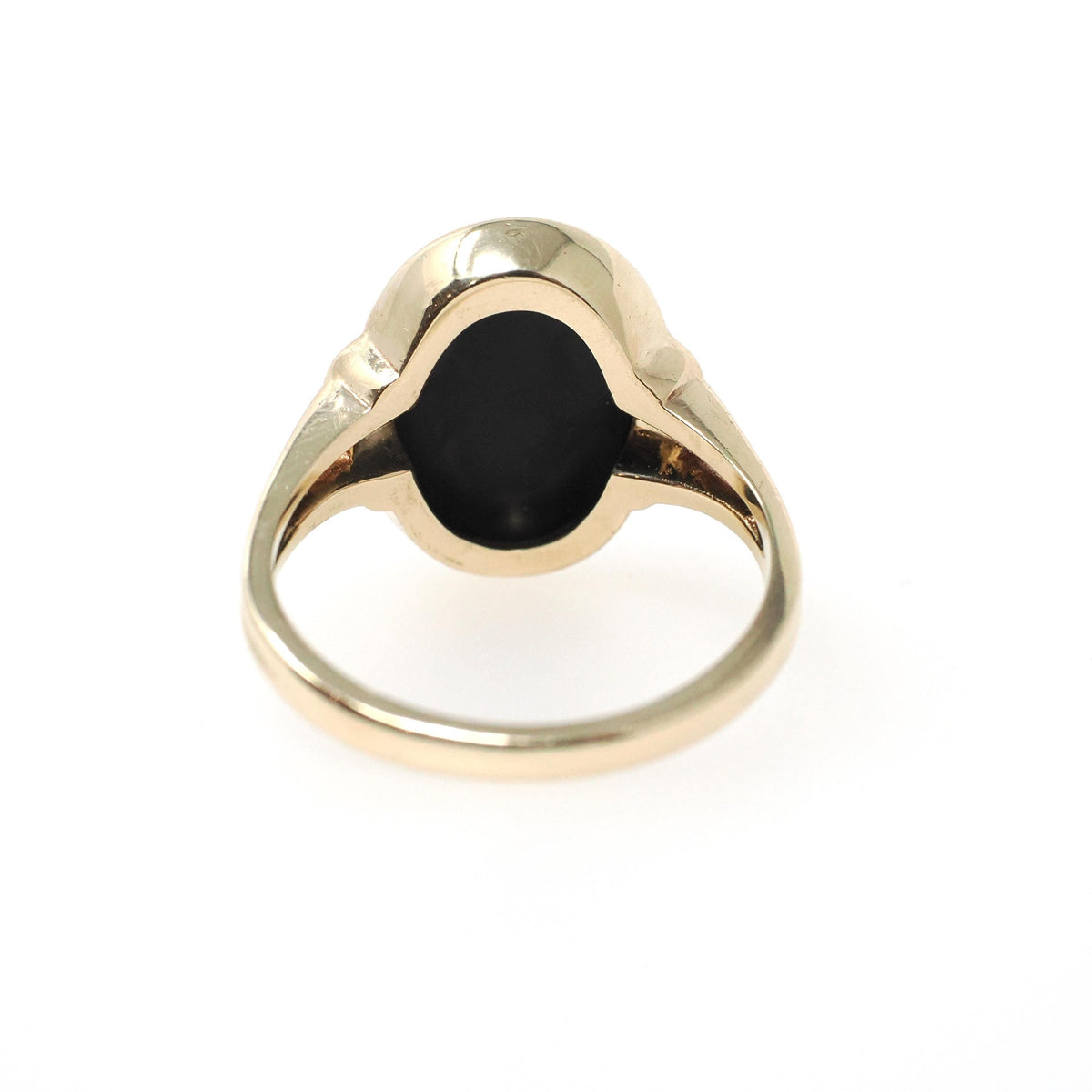 Mid Century Onyx Ring - Vintage 10k Yellow Gold Black Chalcedony Solitaire Gemstone Shield - Circa 1960s Era Size 6 Fine Statement Jewelry