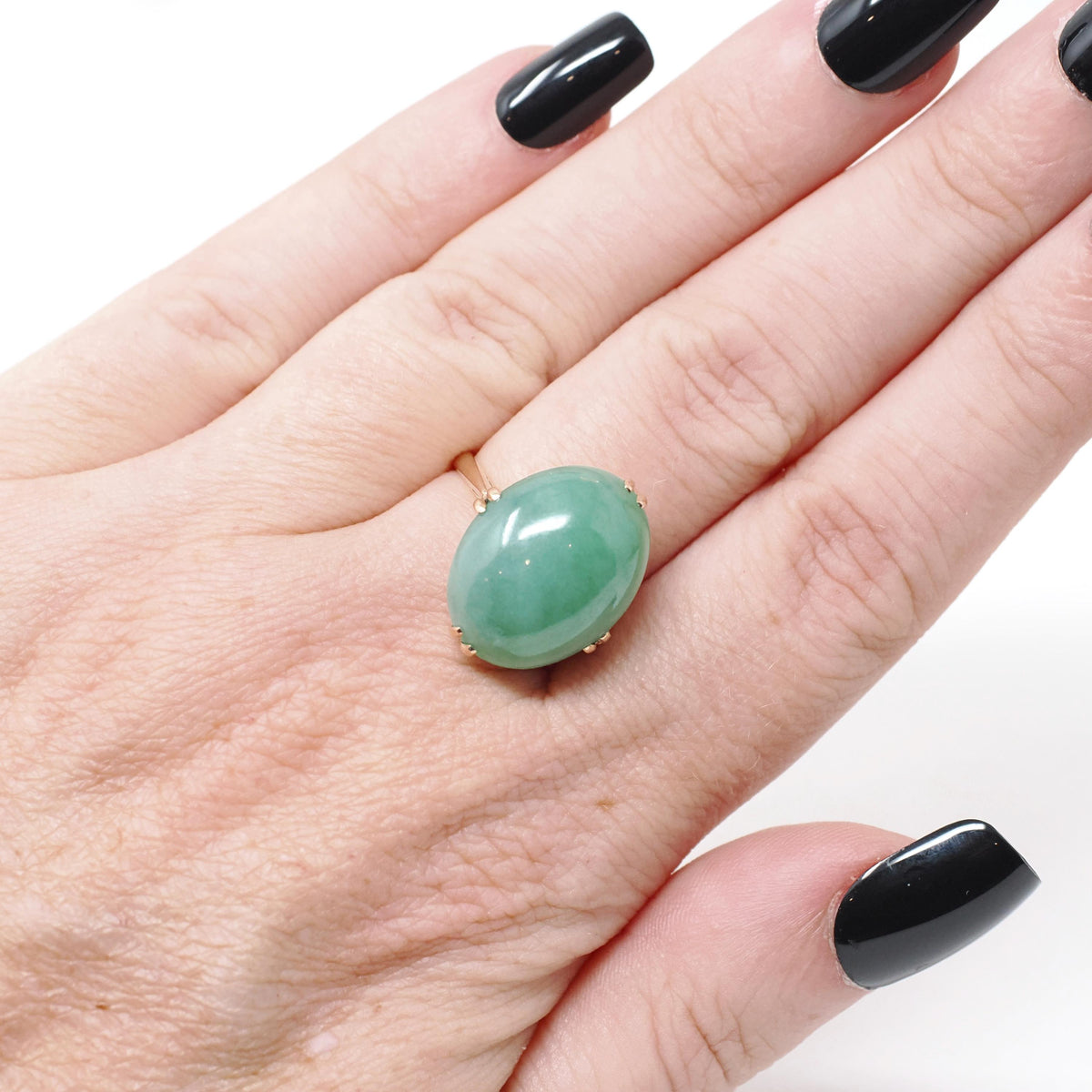 Vintage Jadeite Ring - Mid Century 14k Yellow Gold Light Green Oval Cabochon Gemstone - Circa 1960s Era Size 5 1/2 Fine Solitaire Jewelry