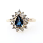 Pear Sapphire Halo Ring - Contemporary 14k Yellow Gold 0.50 CTW Diamond Cluster - Circa 1990s Era Size 6 1/2 Tiered Engagement Fine Jewelry