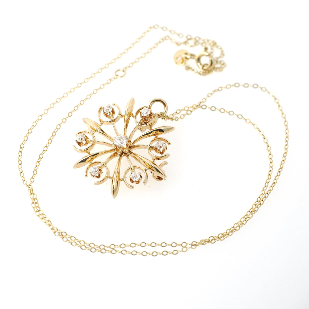Antique Starburst Necklace - Edwardian 14k Yellow Gold .40 CTW Natural Old Mine & European Cut Diamond Pendant - Circa 1910s Fine Jewelry