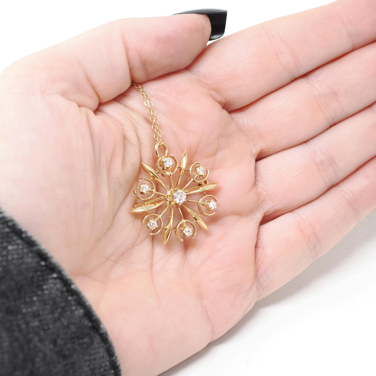 Antique Starburst Necklace - Edwardian 14k Yellow Gold .40 CTW Natural Old Mine & European Cut Diamond Pendant - Circa 1910s Fine Jewelry