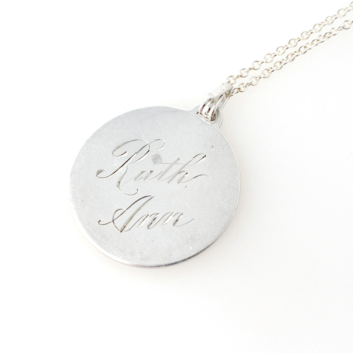 Vintage Love Token - Mid Century Sterling Silver Engraved Name Ruth Ann Charm Necklace - Circa 1950s Era Engravable Disc Fashion Jewelry