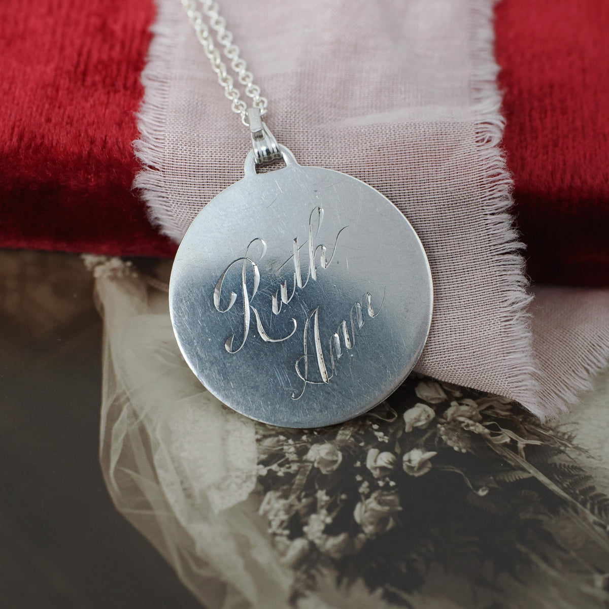 Vintage Love Token - Mid Century Sterling Silver Engraved Name Ruth Ann Charm Necklace - Circa 1950s Era Engravable Disc Fashion Jewelry