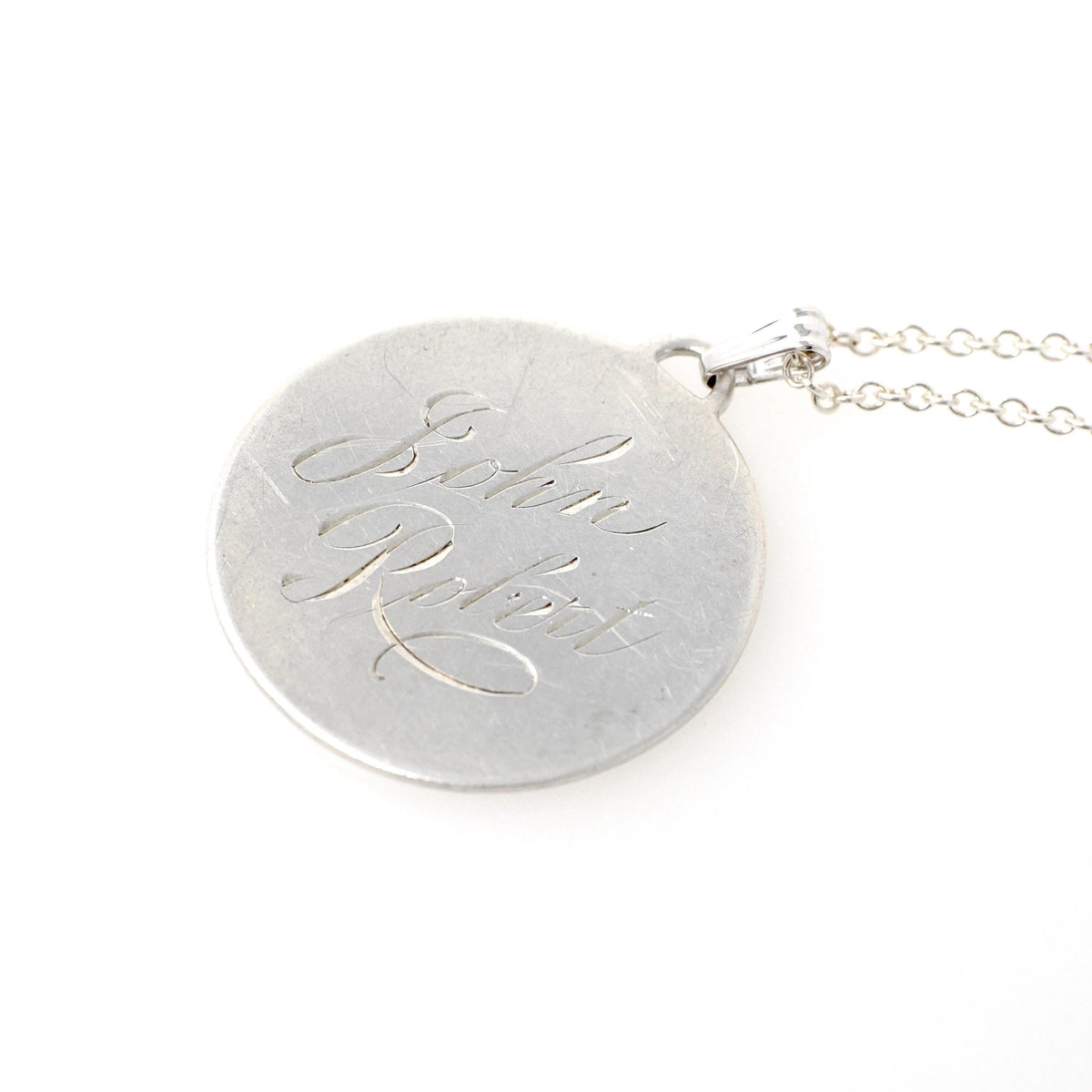 Vintage Love Token - Mid Century Sterling Silver Engraved Name John Robert Charm Necklace - Circa 1950s Era Engravable Disc Fashion Jewelry