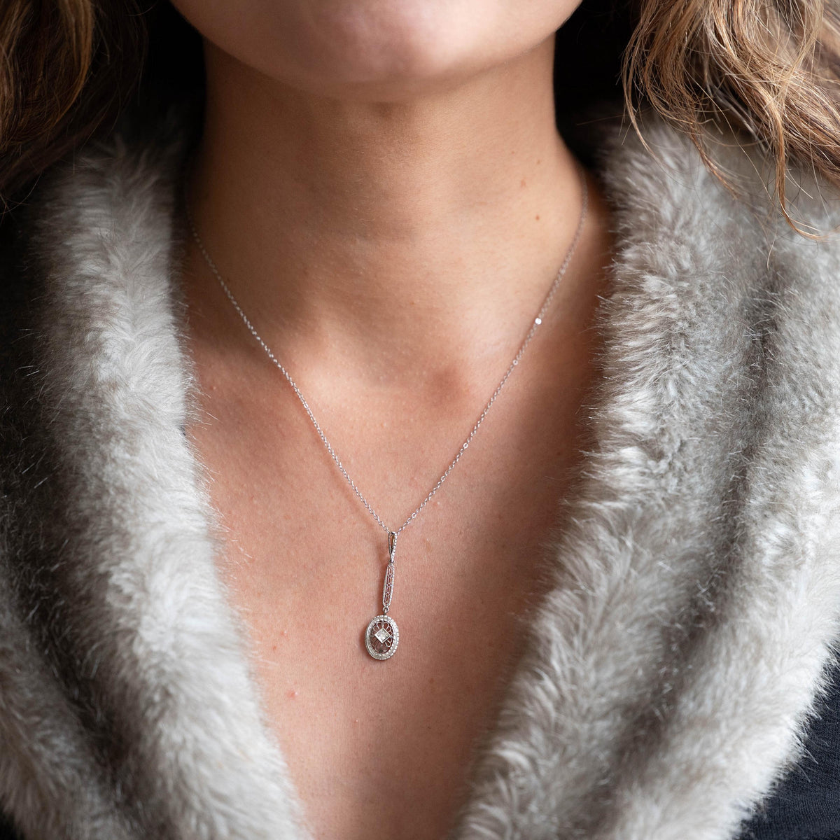 Edwardian Diamond Pendant - Antique 14k White Gold Natural Gemstone Charm Necklace - Vintage Circa 1910s Era Oval Filigree Fine Jewelry
