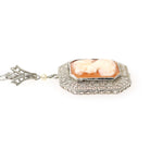 Vintage Cameo Necklace - Art Deco Era 10k White Gold Carved Shell Square Pendant Lavalier - Circa 1930s Filigree 14k Chain Fine 30s Jewelry