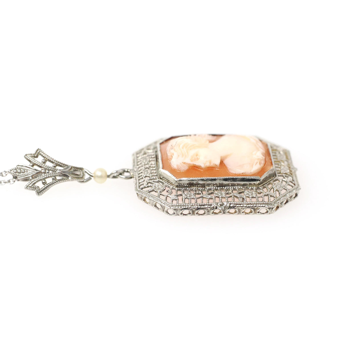 Vintage Cameo Necklace - Art Deco Era 10k White Gold Carved Shell Square Pendant Lavalier - Circa 1930s Filigree 14k Chain Fine 30s Jewelry