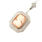 Vintage Cameo Necklace - Art Deco Era 10k White Gold Carved Shell Square Pendant Lavalier - Circa 1930s Filigree 14k Chain Fine 30s Jewelry