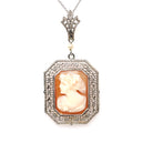 Vintage Cameo Necklace - Art Deco Era 10k White Gold Carved Shell Square Pendant Lavalier - Circa 1930s Filigree 14k Chain Fine 30s Jewelry