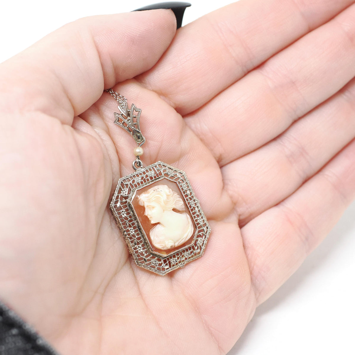 Vintage Cameo Necklace - Art Deco Era 10k White Gold Carved Shell Square Pendant Lavalier - Circa 1930s Filigree 14k Chain Fine 30s Jewelry