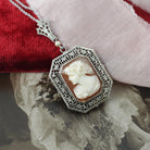 Vintage Cameo Necklace - Art Deco Era 10k White Gold Carved Shell Square Pendant Lavalier - Circa 1930s Filigree 14k Chain Fine 30s Jewelry